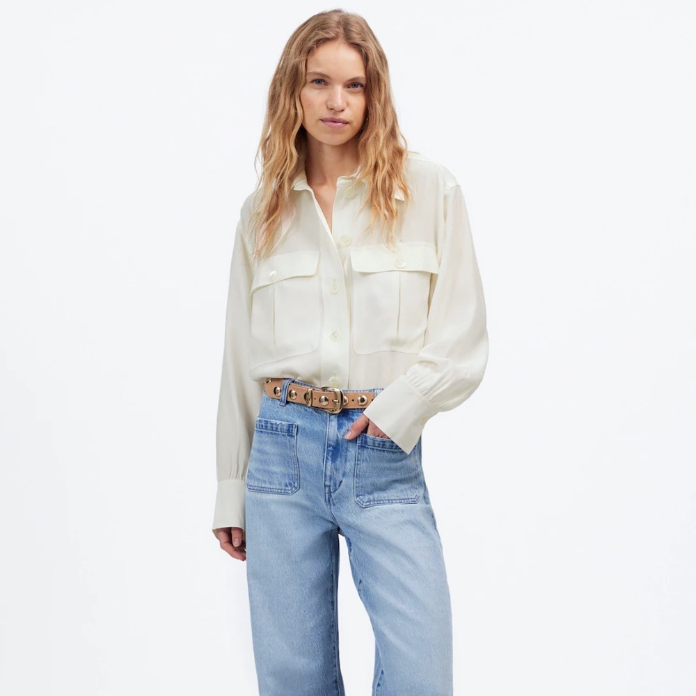 NWT Madewell 100% Silk Utility-Pocket Button-Up Shirt Sz M